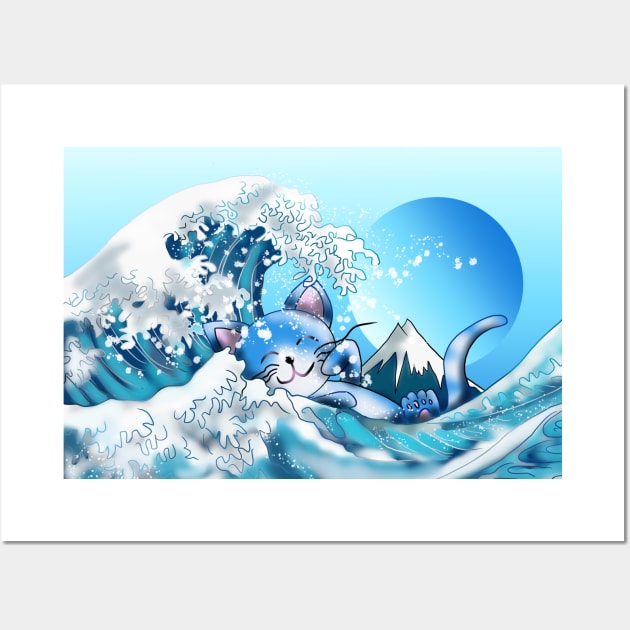 Cat swimming in the wave off Kanagawa Wall Art by cuisinecat